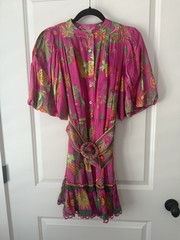 Farm Rio Delicate Fruit Garden Pink Mini Dress Ruffle Puff Sleeve Medium M