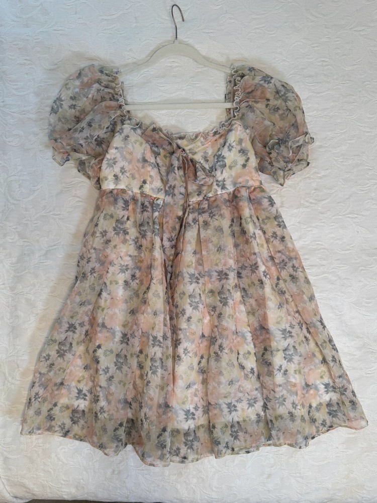 Selkie-like Pastel Floral Mini Dress Puff Sleeve Babydoll M