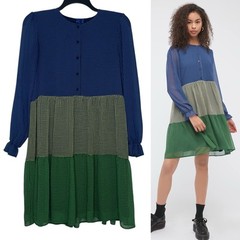 Resume Colorblock Gingham Dress Size 40 Med/Large Tiered Long Sleeve Cottagecore