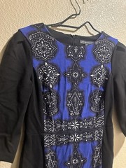 Adrianna Papell Blue Black White Geometric Sheath Dress Round Neck 3/4 4