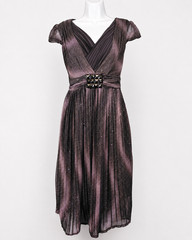 Sparkle Shimmer Glitter Pleated Midi Dress V Neck Cap Sleeve Black Charcoal XS-S