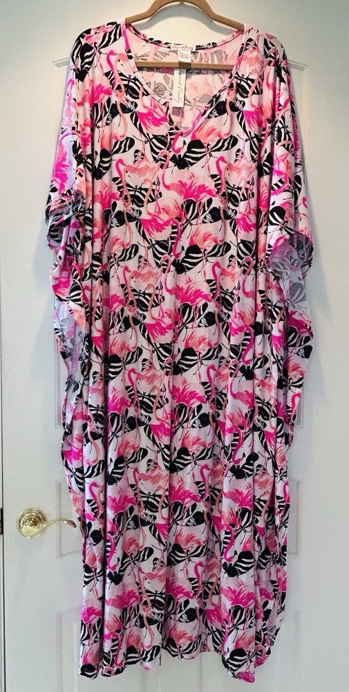 1X/2X/3X Black White Pink Flamingo Print Kaftan Knit Beach Cover Dress Nightgown