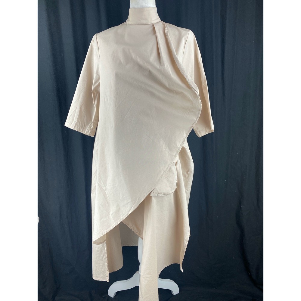 METAMORPHOZA Asymmetrical Drape High Neck Tunic Dress Beige Short Sleeve Pocket