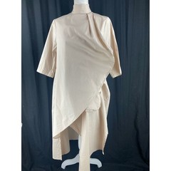METAMORPHOZA Asymmetrical Drape High Neck Tunic Dress Beige Short Sleeve Pocket