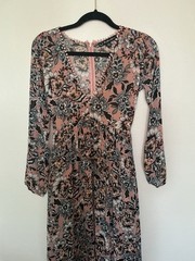 For Love & Lemons Dusty Pink Floral V-Neck Maxi Dress Long Sleeve Lined Zip S
