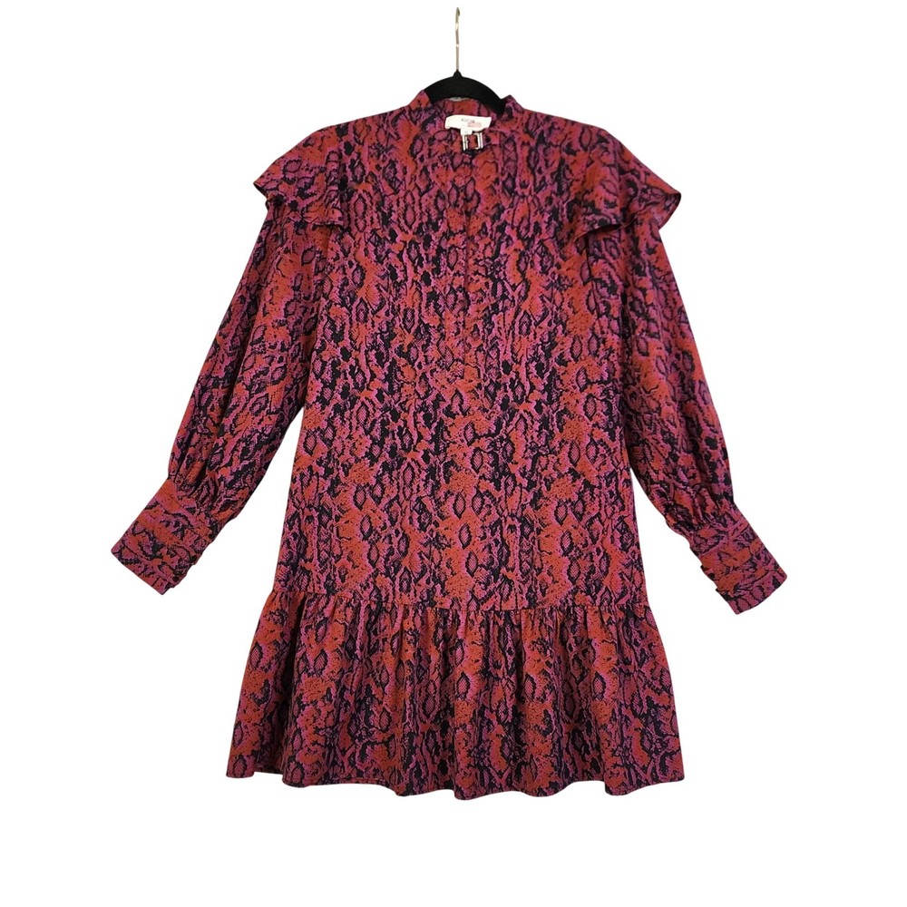 Koche Womens Python Buckle Dress Size US 0 Red Pink Black Snake Print Ruffle