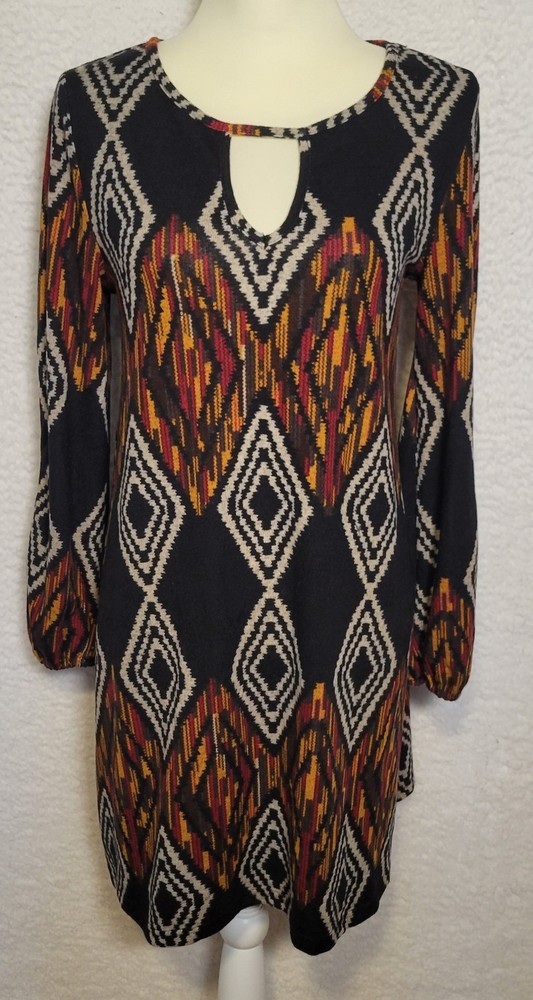 Papillon Womens Long Sleeve Dress Sz M Geometric Knee Length Boho Abstract 1695