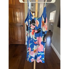 NWT Express Blue Tropical Floral Mini Dress Womens M Surplice Spaghetti Straps
