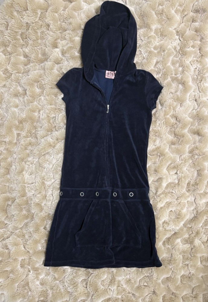Vintage Juicy Couture Navy Velour Hooded Zip Hoodie Dress Size Petite w/ Pockets