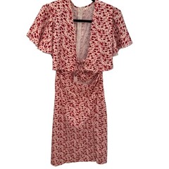 Floral Cutout Tie Front Midi Dress Pink Red Flutter Sleeve Side Slit sundress