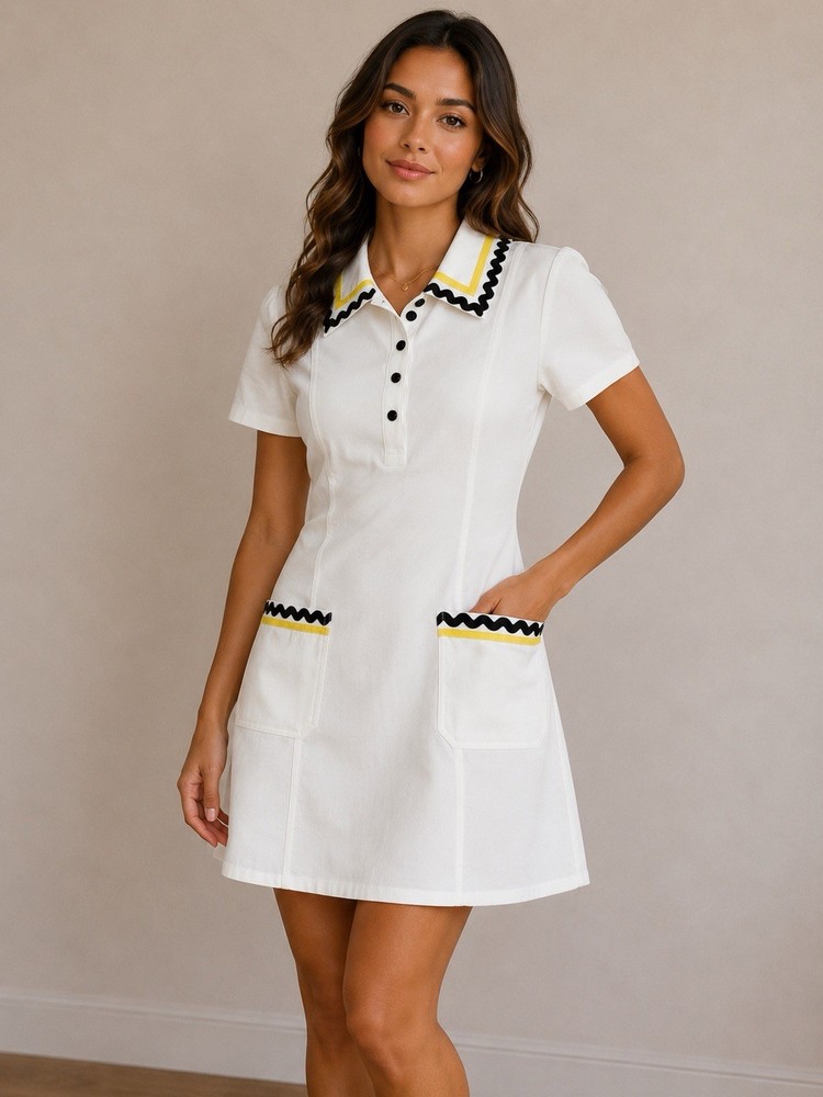 Tulip B White W/ Green & Yellow Trim Short Sleeve Cotton Polo Shirt Dress Size M