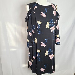 AGB Womens Large L Black Floral Cold Shoulder Long Sleeve Knee Length Dress EUC