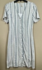 Mo:Vint Dress Womens Small White Blue Striped Short Sleeve Linen Button Front