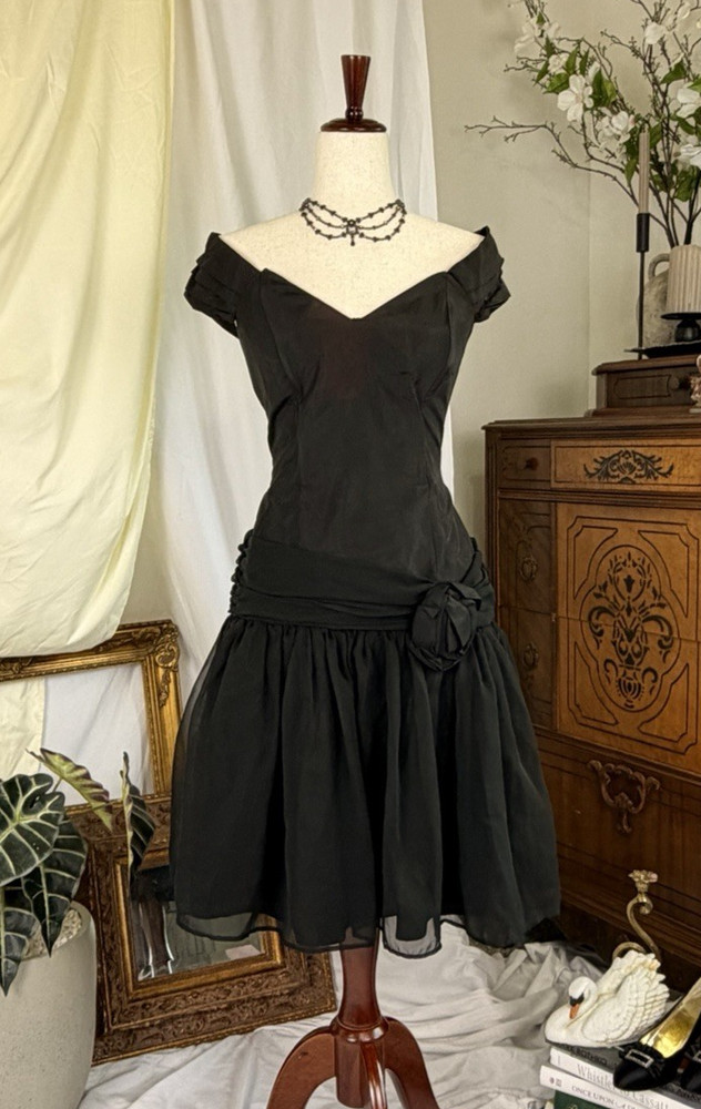 Vintage 80s Classic Rampage Little Black Dress with Off-Shoulder Neckline