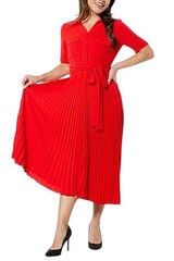 Nina Leonard Women&rsquo;s Collared Shirt Dress w/ Pleated Skirt Candy Apple