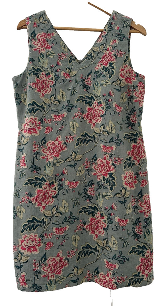 PEACOCKS. GREEN MULTI PRINT LINED LINEN MIX SUMMER DRESS. SIZE 12