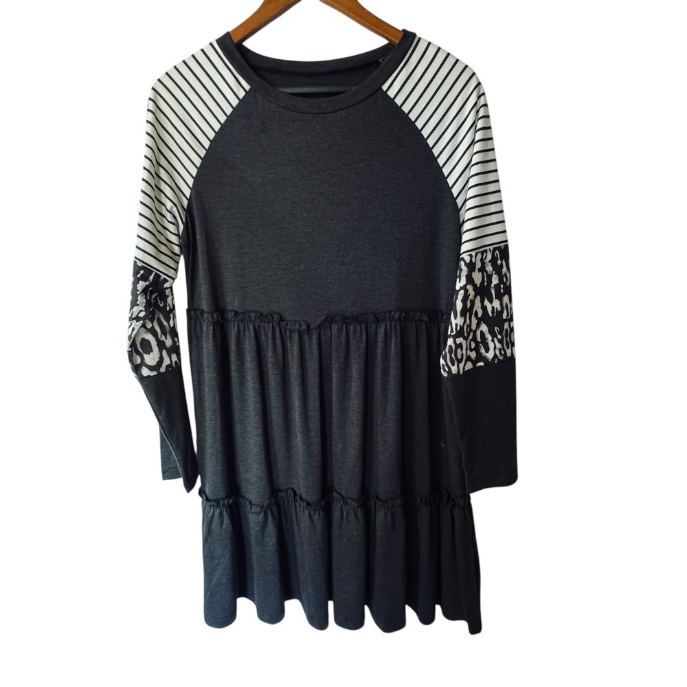 Women’s Small Tiered Babydoll Tunic Top Black Raglan Sleeves Stripe Leopard