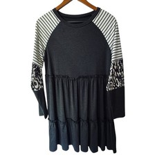 Women’s Small Tiered Babydoll Tunic Top Black Raglan Sleeves Stripe Leopard