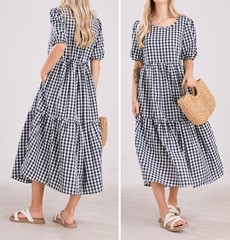 Women&rsquo;S Retro Lantern Puff Sleeve Plaid Dress Gingham Swing Tiered Midi Long XL