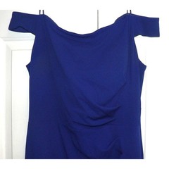 Ignite Evenings Off the Shoulder Ruffle Drape Slit Crepe Gown Blue Size 16 $239
