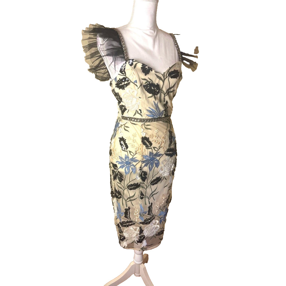 NWT Lulus Semi Sheer Mesh Floral Overlay Dress S Embroidery Beaded Formal Party