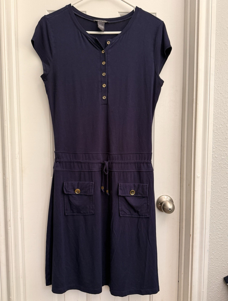 Chelsea & Theodore Navy Knit T-Shirt Dress V-Neck Drawstring Pockets 8