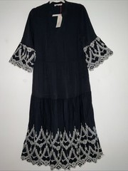 SOLITAIRE TIERED EMBROIDERED EYELET BLACK RAYON MAX DRESS 3/4 BELL SLEEVE L NWT