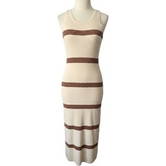 Mahina Womens Ribbed Knit Striped Midi Dress Cream Brown Sleeveless JD6148 Small