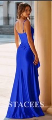 STACEES Royal Blue Prom Dress Womens US 12 Satin Ruched Slit Formal Evening Gown