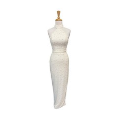 Oh Polly Positano Embellished High Neck Split Maxi Dress in Ivory White