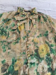 O.P.T. Sheer Yellow Green Floral button up midi dress kitty bow Size M romantic