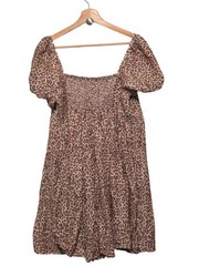 J Crew Brown Leopard Linen Cupro Puff Sleeve Square Neck Babydoll Mini Dress 16