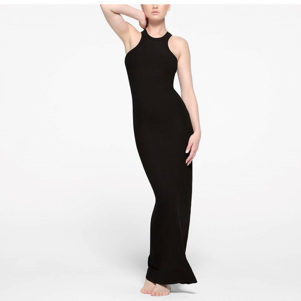 SKIMS Soft Lounge High Neck Ribbed Cotton Stretch Long Dress Black Women M