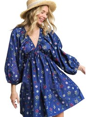 New Without Tags Madelyn Chambray Denim Floral Batwing Sleeve Dress Boho Medium