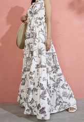 Black and White Floral Halter Neck Tiered Summer Maxi Dress