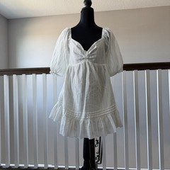 MABLE White Cotton Puff Sleeve Ruffle Babydoll Mini Dress Sz L Coquette Cottage