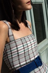 Scanlan Theodore Crepe Knit Dress Size S Plaid Bralette Belted Midi Green Check