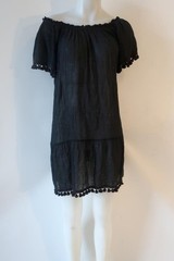 Womens Eberjey Black Tasseled Gauzy Cotton Off Shoulder Shift Devon Dress S/M