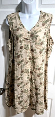 Kathy Ireland Beige/Green Sleeveless Floral Linen Blend Dress;Ruffle V-Neck;Sz L