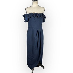 XSCAPE Off The Shoulder Ruffle Midi Gown Dress Women&rsquo;s 8 Navy Blue NWT