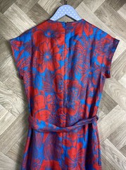 Ladies HOBBS Blue & Red Floral 100% Linen A Line Dress Summer Tie Waist Size 8