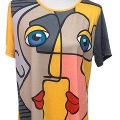 Emery Rose Womens Medium Abstract Art Faces Short Sleeve Crew Neck T Shirt Dress