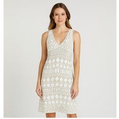 Naeem Khan Silk & Leather Patchwork Appliqué Mini Dress White and Tan Size 8