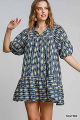 Umgee Navy Mix Floral Print Mini Dress w/ Contrast Stripe Piping