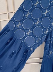 Oliphant Balloon Sleeve Maxi Dress Blue w/ Metallic Gold Embellishment Boho L