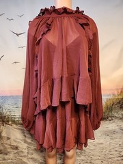 new Commense Red Semi-Sheer Chiffon Ruffle Dress with Cape Overlay, Large