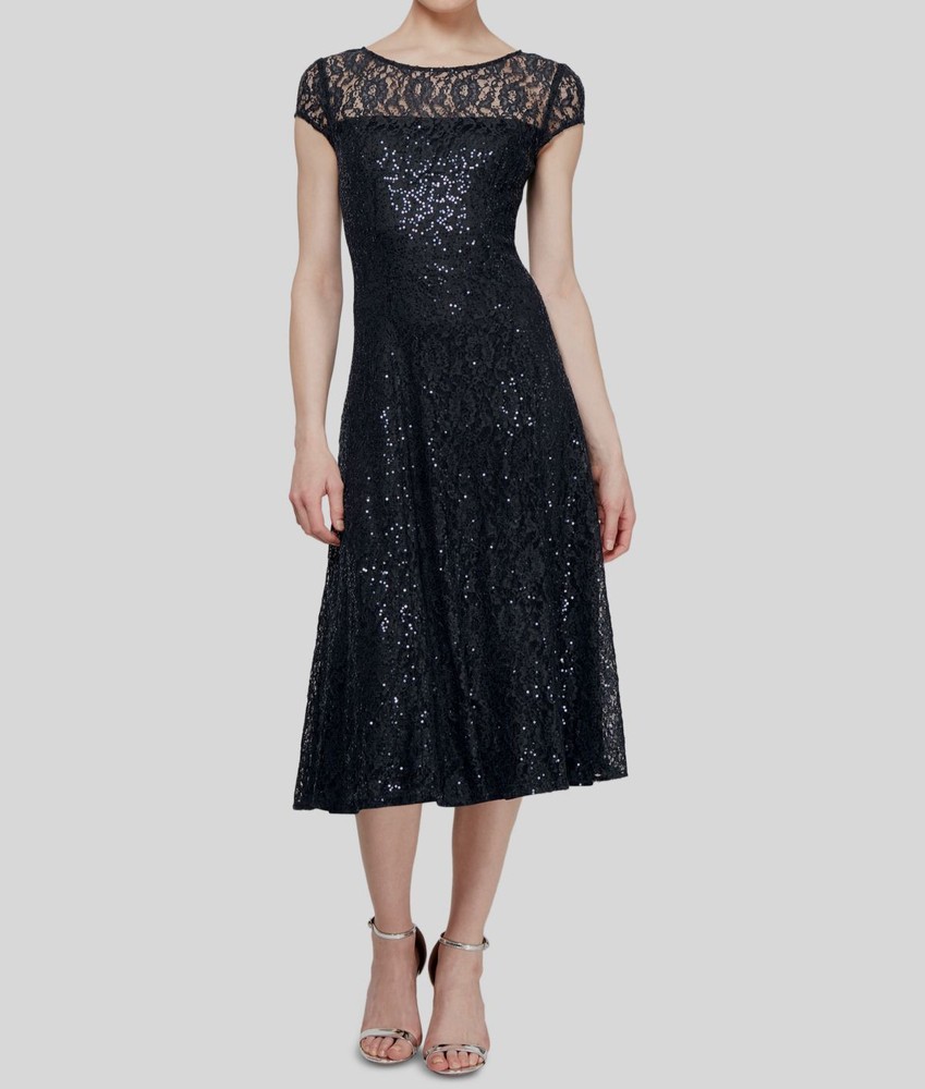 SLNY Women Black Sequins Lace Illusion Round Neck Short Sleeve Dress Size 10