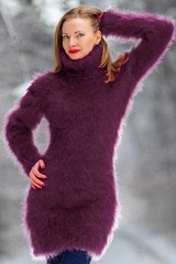 Purple longhair mohair dress turtleneck sweater fuzzy warm tunic SuperTanya S-M