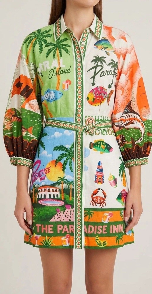 Tropical Patchwork Mini Dress XL Resort Print Designer Inspired Puff Sleeve