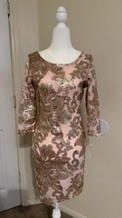Midnight Doll Pink/Gold Sequin Mesh V-Neck 3/4 Sleeve Bodycon Short Dress Size S